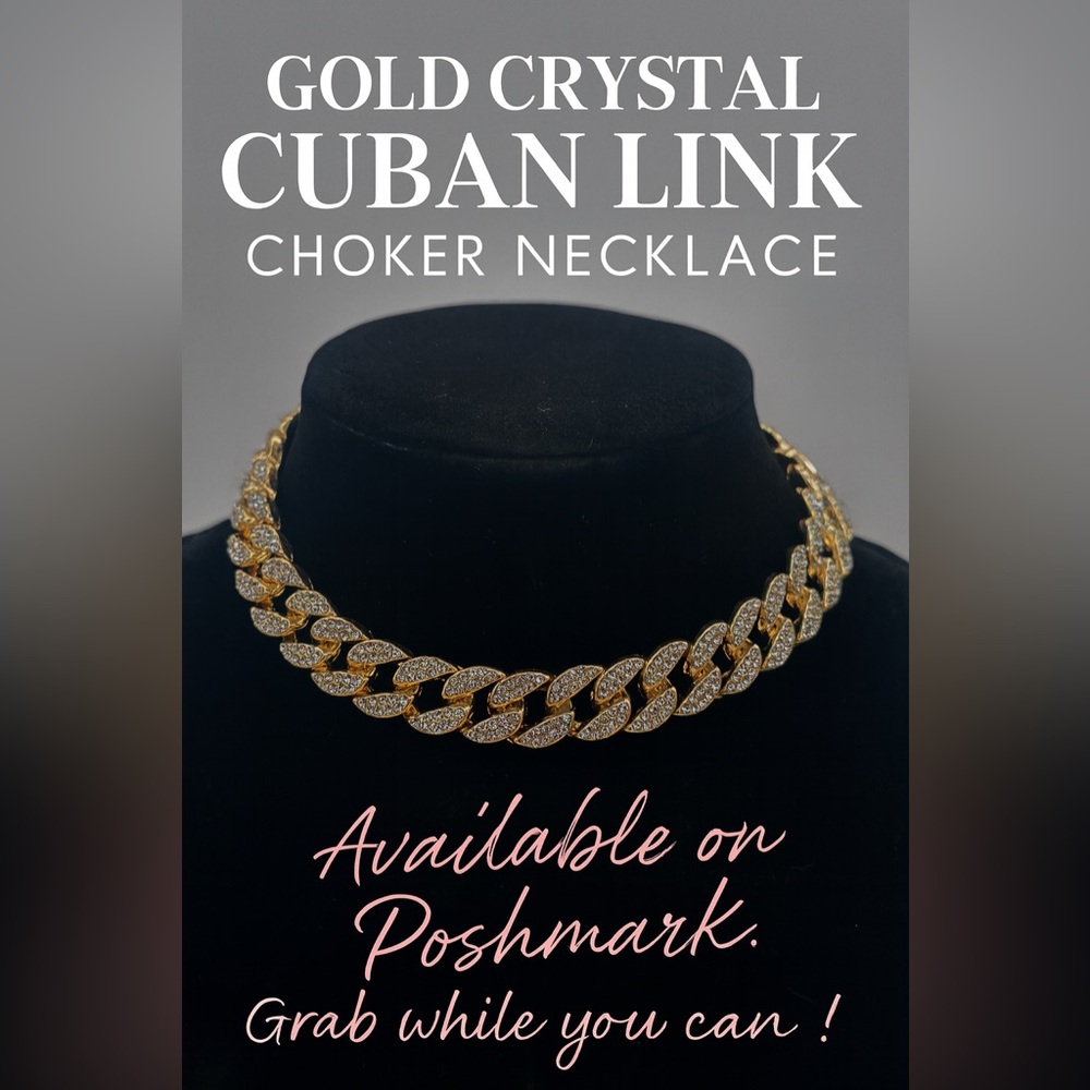 ✨ Gold Crystal Cuban Link Choker Necklace – Statement Piece ✨
